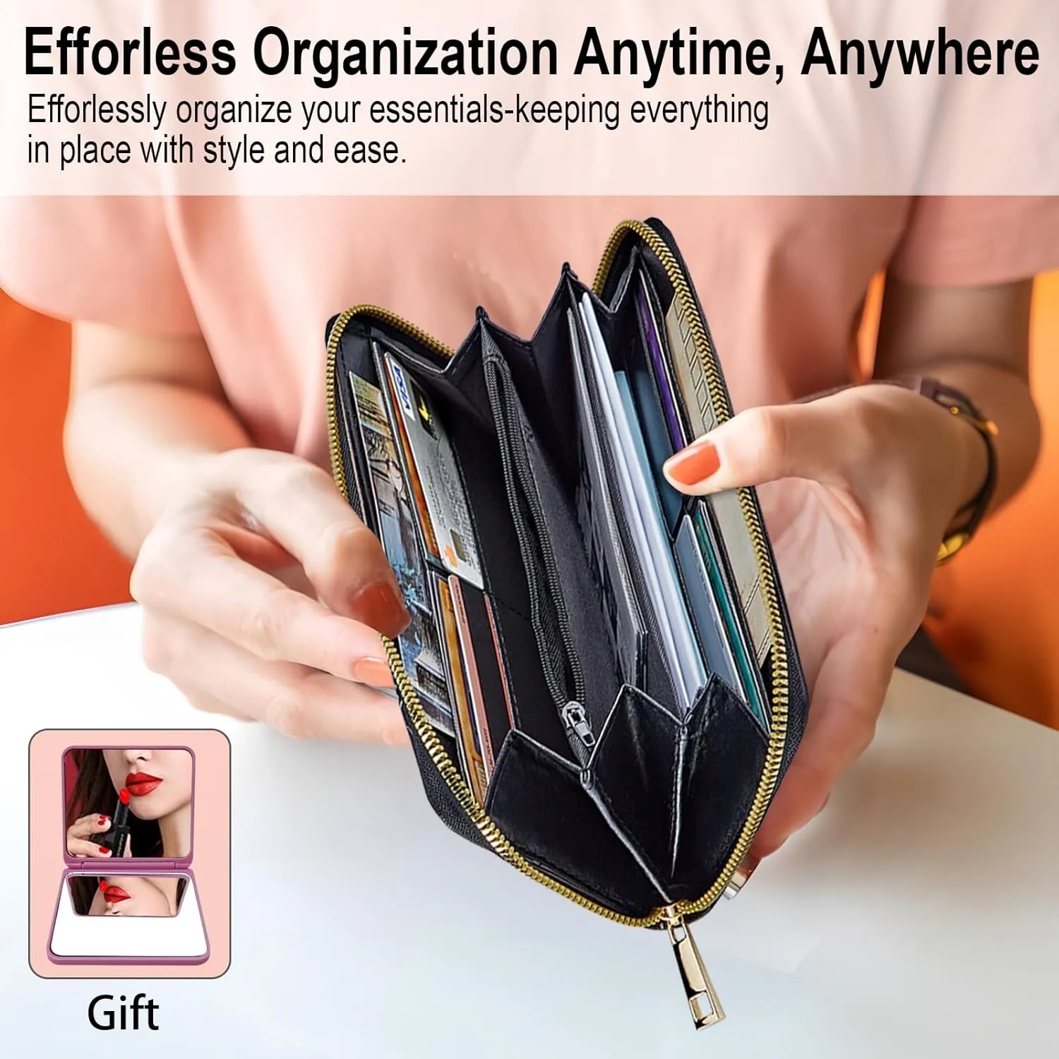 Long Wallet for Women, PU Leather Wristlet Wallet with Zipper Credit Card Holder Pocket Business Travel Wallet