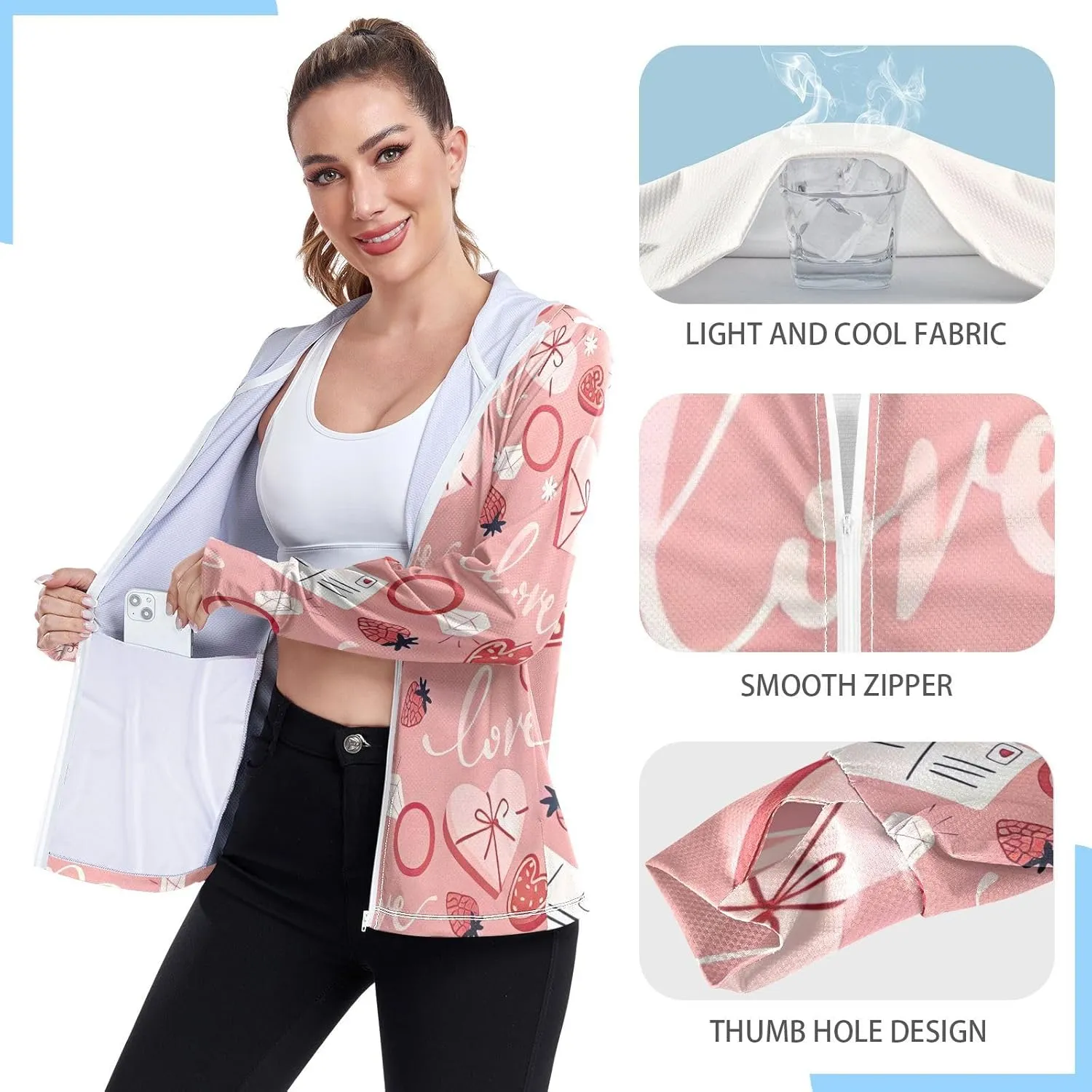Love Heart Design Womens Spf Clothing, Upf 50  Long Sleeve Zip up Hoodie, Long Sleeve Hiking Shirt