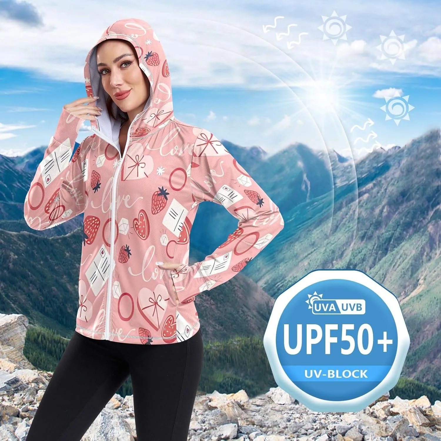 Love Heart Design Womens Spf Clothing, Upf 50  Long Sleeve Zip up Hoodie, Long Sleeve Hiking Shirt