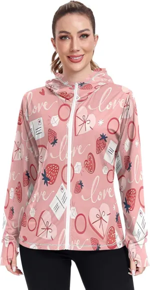 Love Heart Design Womens Spf Clothing, Upf 50  Long Sleeve Zip up Hoodie, Long Sleeve Hiking Shirt