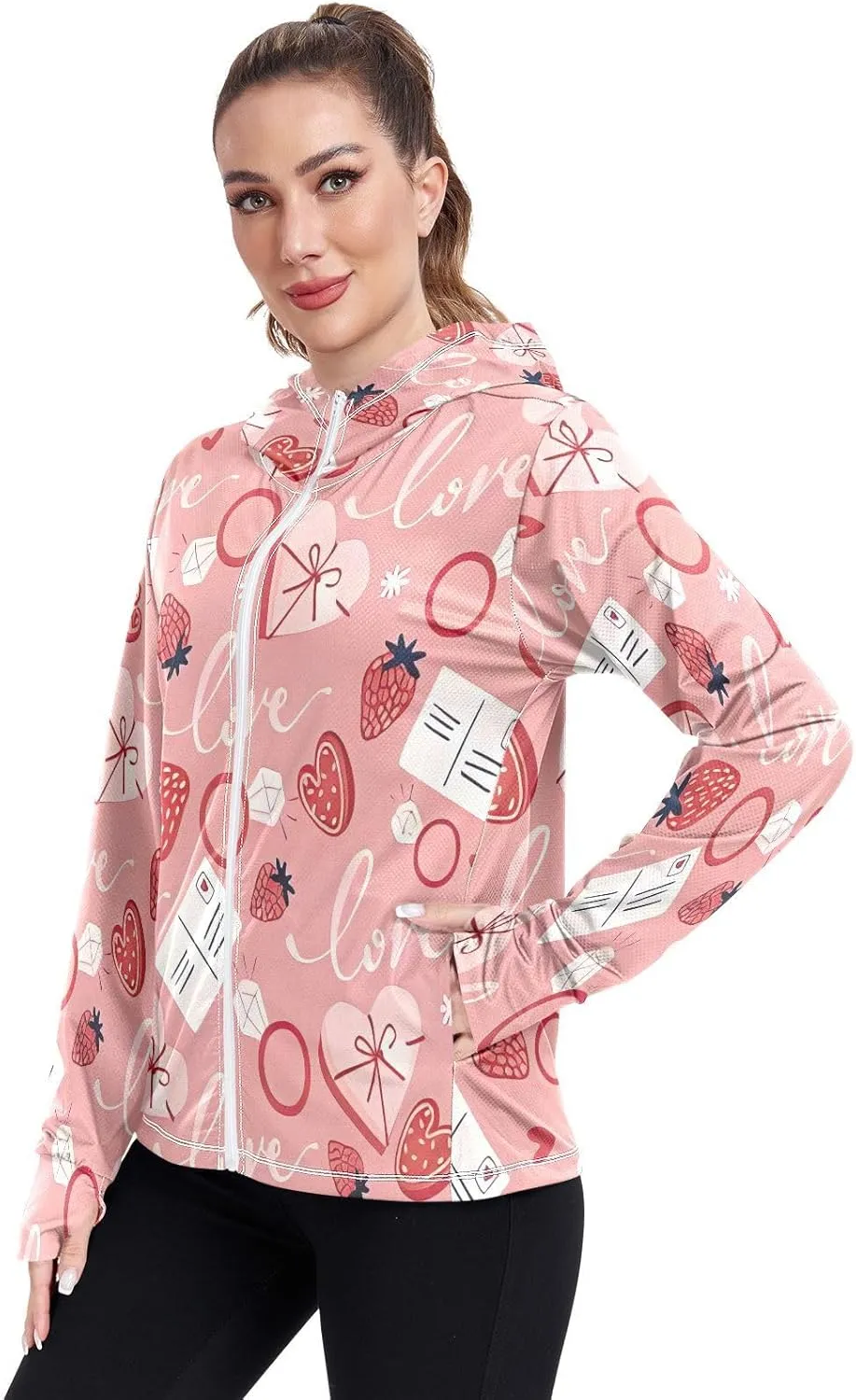 Love Heart Design Womens Spf Clothing, Upf 50  Long Sleeve Zip up Hoodie, Long Sleeve Hiking Shirt