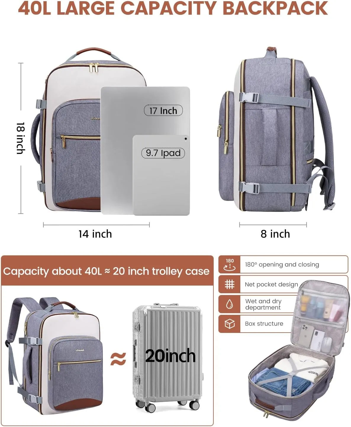 LOVEVOOK 40L Carry on Backpack for Women & Men with 3 Packing Cubes, Large Travel Backpack for Airplanes, TSA Personal Item Travel Bag fits 17" Laptop, Waterproof Travel Essentials Airline Approved