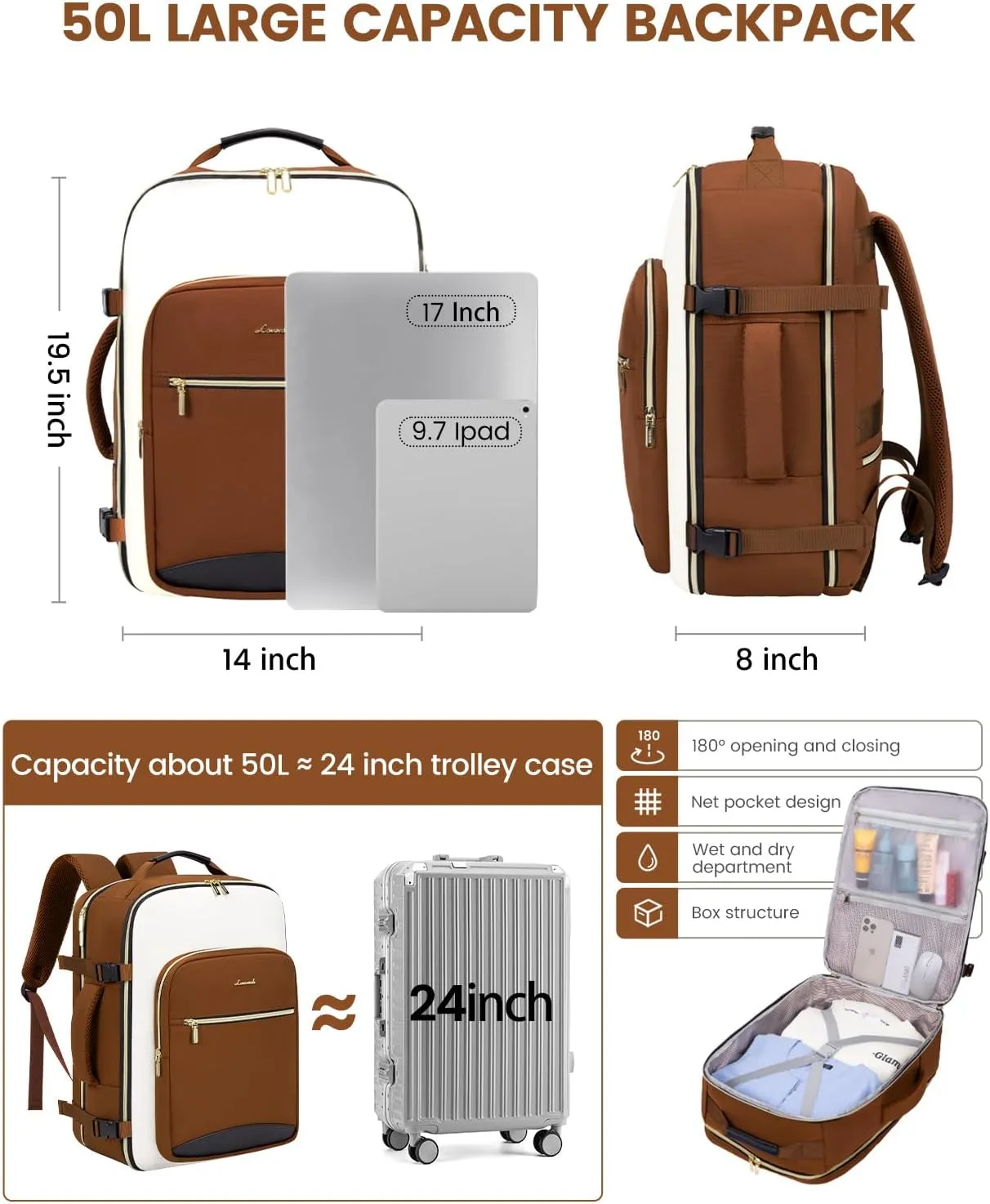 LOVEVOOK 50L Carry on Backpack for Women & Men with 3 Packing Cubes, Large Travel Backpack for Airplanes, TSA Personal Item Travel Bag with Laptop Pocket, Travel Essentials Airline Approved