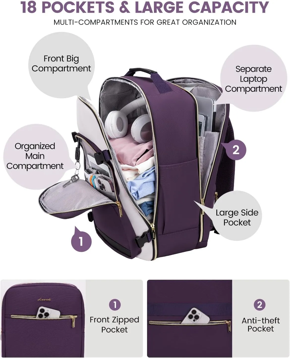 LOVEVOOK 50L Carry on Backpack for Women & Men with 3 Packing Cubes, Large Travel Backpack for Airplanes, TSA Personal Item Travel Bag with Laptop Pocket, Travels Essentials Airline Approved