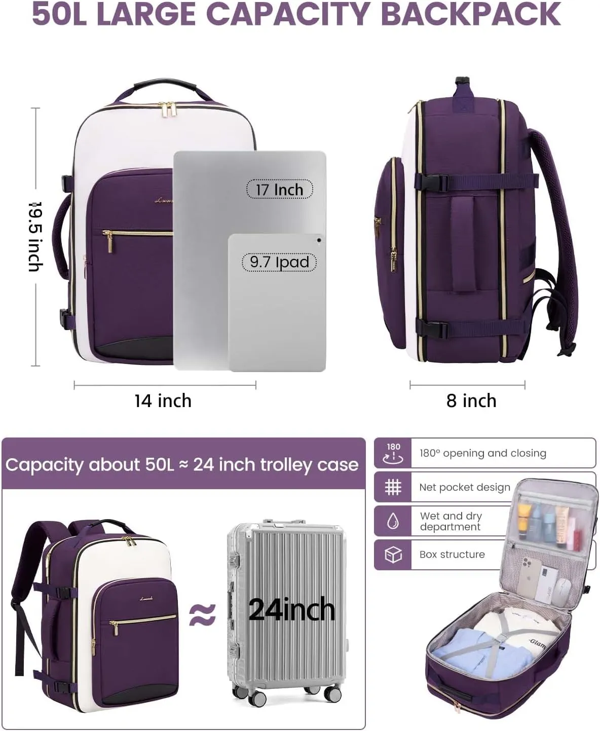 LOVEVOOK 50L Carry on Backpack for Women & Men with 3 Packing Cubes, Large Travel Backpack for Airplanes, TSA Personal Item Travel Bag with Laptop Pocket, Travels Essentials Airline Approved