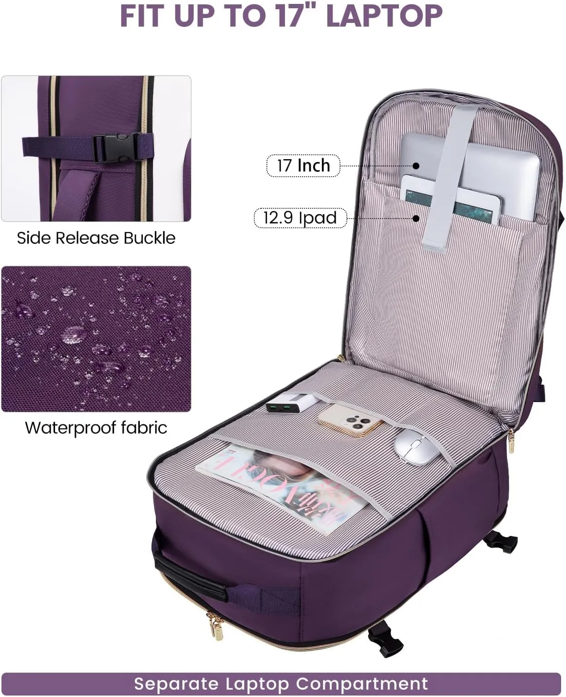 LOVEVOOK 50L Carry on Backpack for Women & Men with 3 Packing Cubes, Large Travel Backpack for Airplanes, TSA Personal Item Travel Bag with Laptop Pocket, Travels Essentials Airline Approved