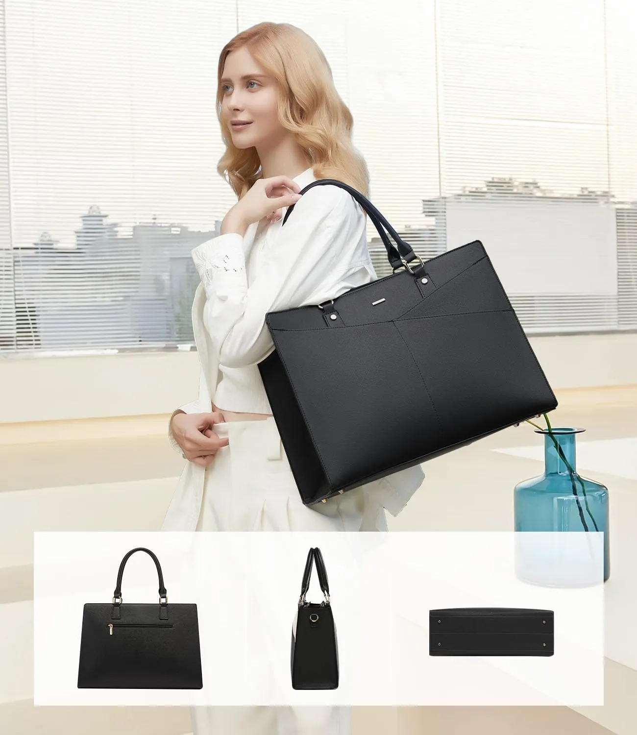 LOVEVOOK Laptop Tote Bag for Women, Leather Business Office Work Bag Computer Briefcase with Small Clutch fit for 15.6 Inch Laptop,Black