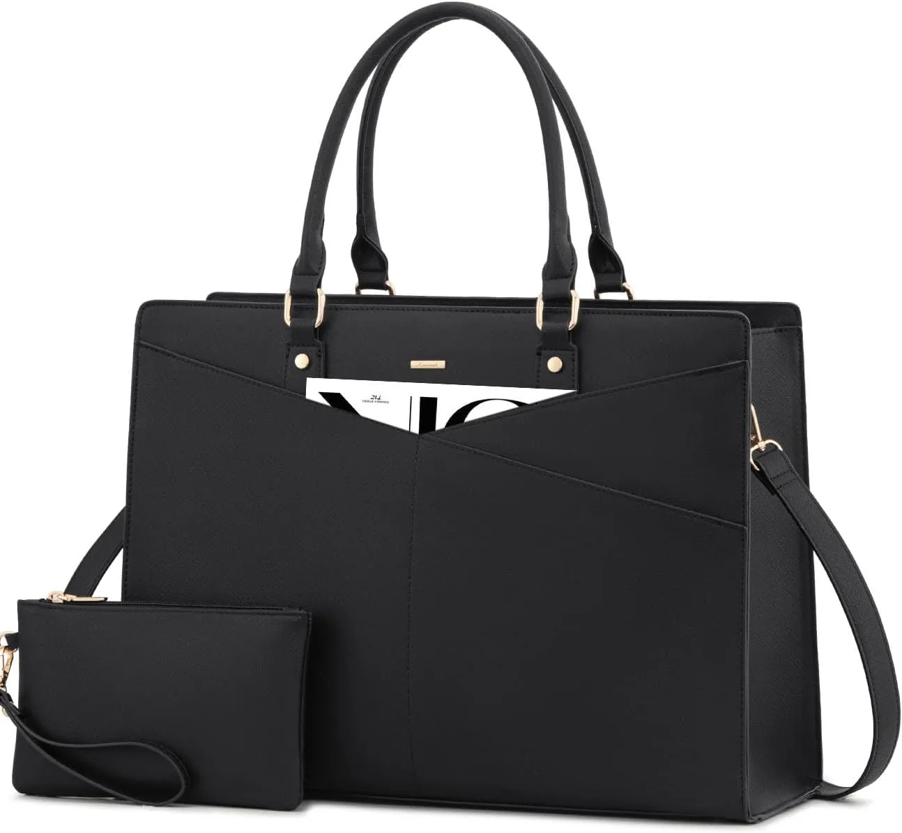 LOVEVOOK Laptop Tote Bag for Women, Leather Business Office Work Bag Computer Briefcase with Small Clutch fit for 15.6 Inch Laptop,Black