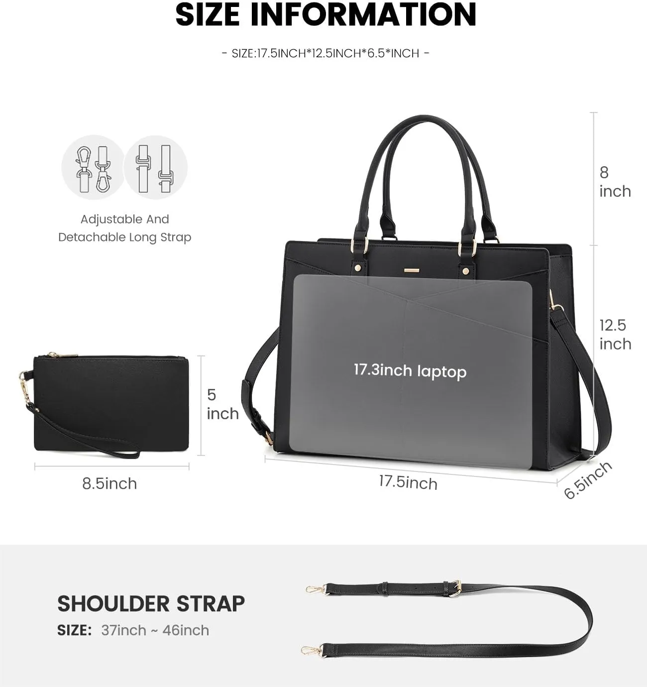 LOVEVOOK Laptop Tote Bag for Women, Leather Business Office Work Bag Computer Briefcase with Small Clutch fit for 15.6 Inch Laptop,Black