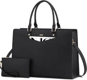 LOVEVOOK Laptop Tote Bag for Women, Leather Business Office Work Bag Computer Briefcase with Small Clutch fit for 15.6 Inch Laptop,Black