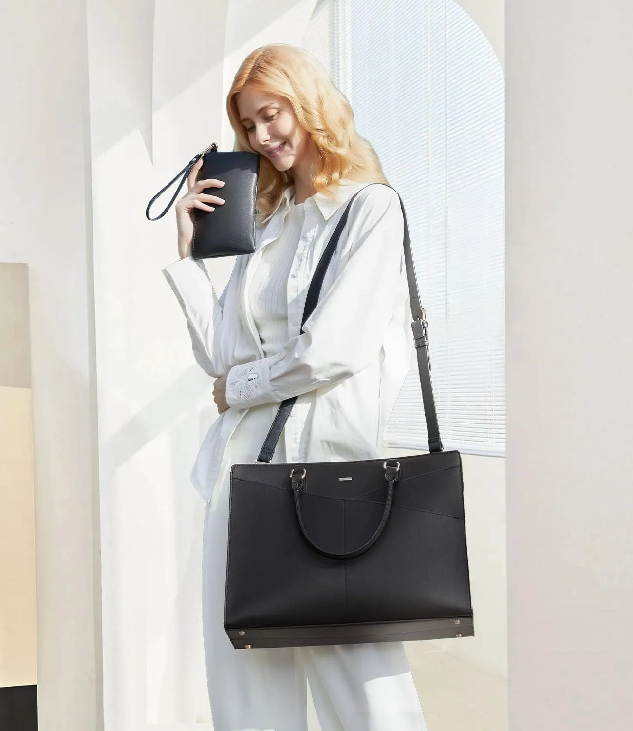 LOVEVOOK Laptop Tote Bag for Women, Leather Business Office Work Bag Computer Briefcase with Small Clutch fit for 15.6 Inch Laptop,Black