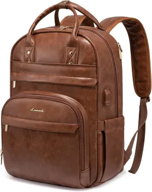 LOVEVOOK Vintage Leather Laptop Backpack for Women,15.6 Inch Backpack with USB Charging Port,Work Travel College Bag,Ideal for Nurses and Teachers, Multiple Pockets for Organization,Comfortable Design