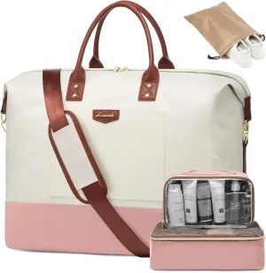 LOVEVOOK Women's Travel Bags - Weekender & Overnight Set, 4 Pcs with Shoes Bag & Cubes, Beige-Pink