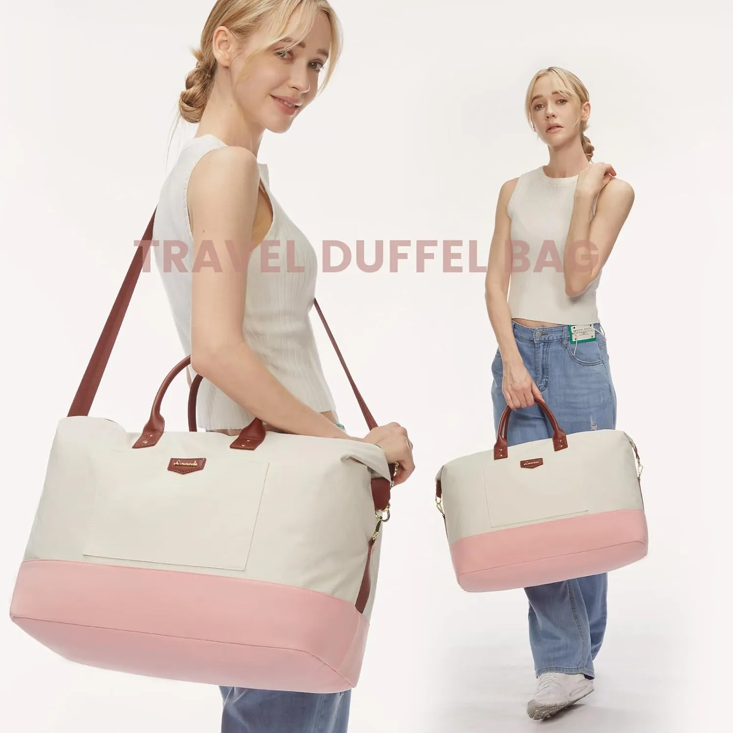 LOVEVOOK Women's Travel Bags - Weekender & Overnight Set, 4 Pcs with Shoes Bag & Cubes, Beige-Pink