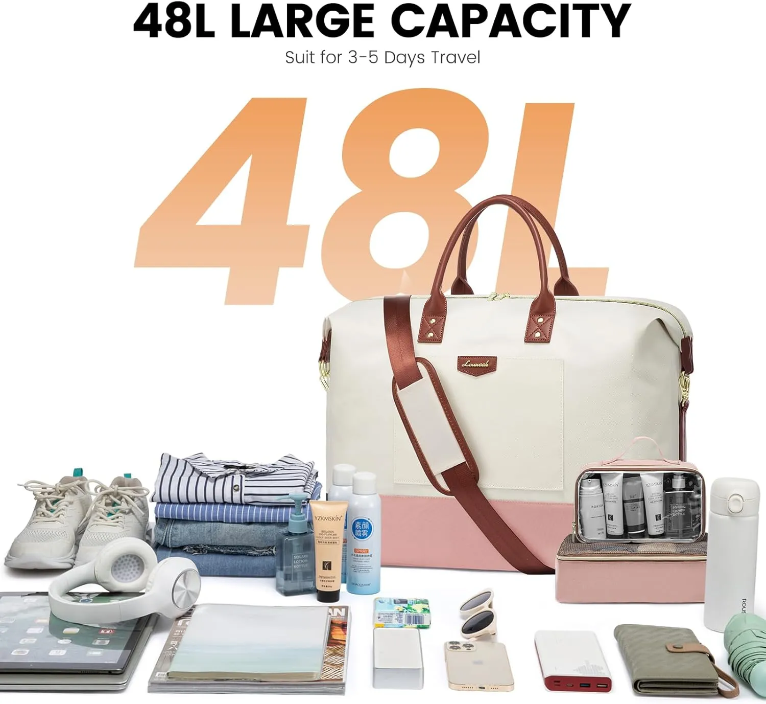LOVEVOOK Women's Travel Bags - Weekender & Overnight Set, 4 Pcs with Shoes Bag & Cubes, Beige-Pink