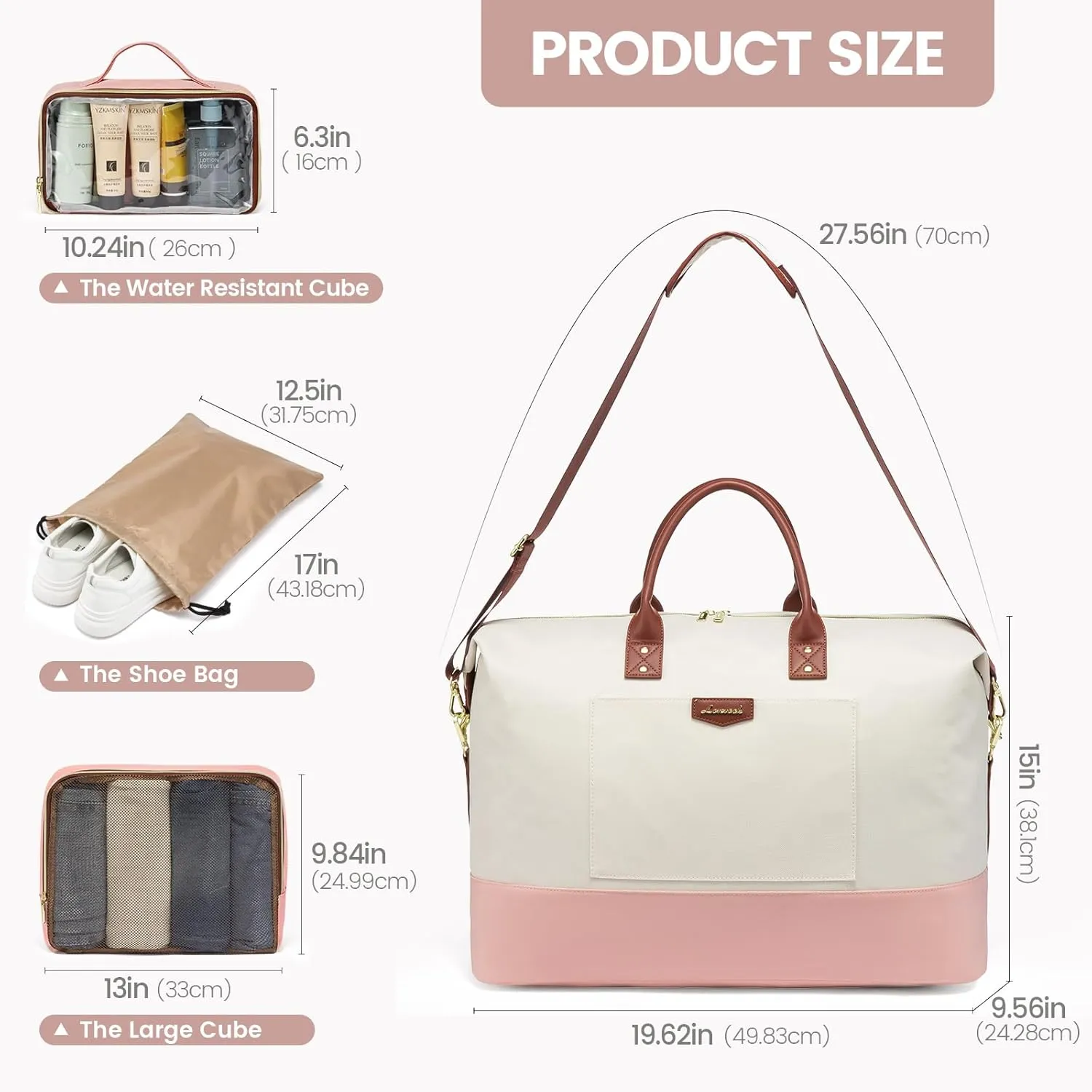LOVEVOOK Women's Travel Bags - Weekender & Overnight Set, 4 Pcs with Shoes Bag & Cubes, Beige-Pink