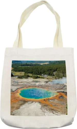 Lunarable Yellowstone Tote Bag, Grand Prismatic Spring in Wyoming USA Geology Thermal Steam Geyser Photo, Cloth Linen Reusable Bag for Shopping Books Beach and More, 16.5" X 14", Cream