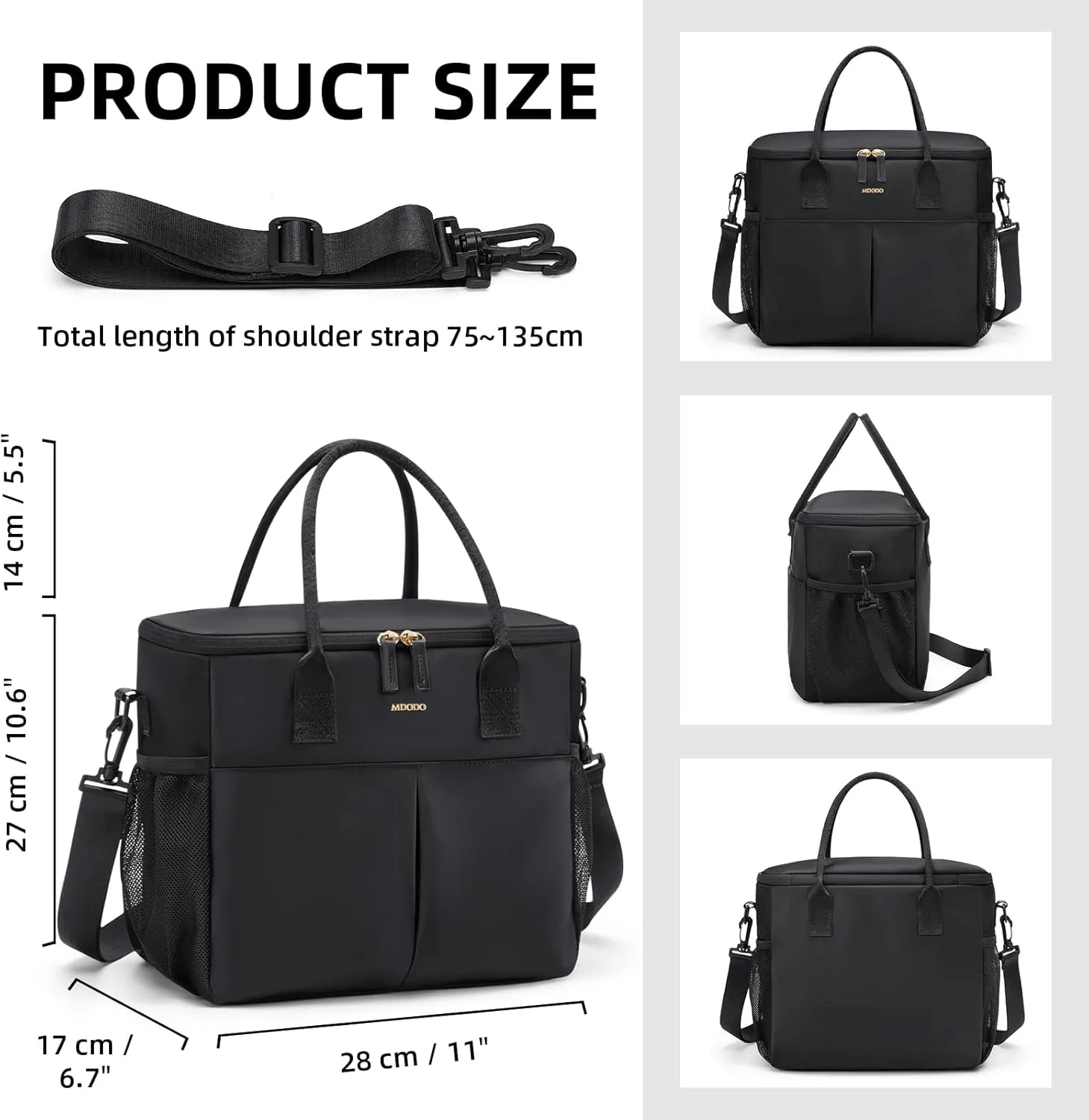 Lunch Bag Large Insulated Lunch Bags for Women Men Adult Lunch Box with Shoulder Strap for Work,Picnics,Outings (Black)