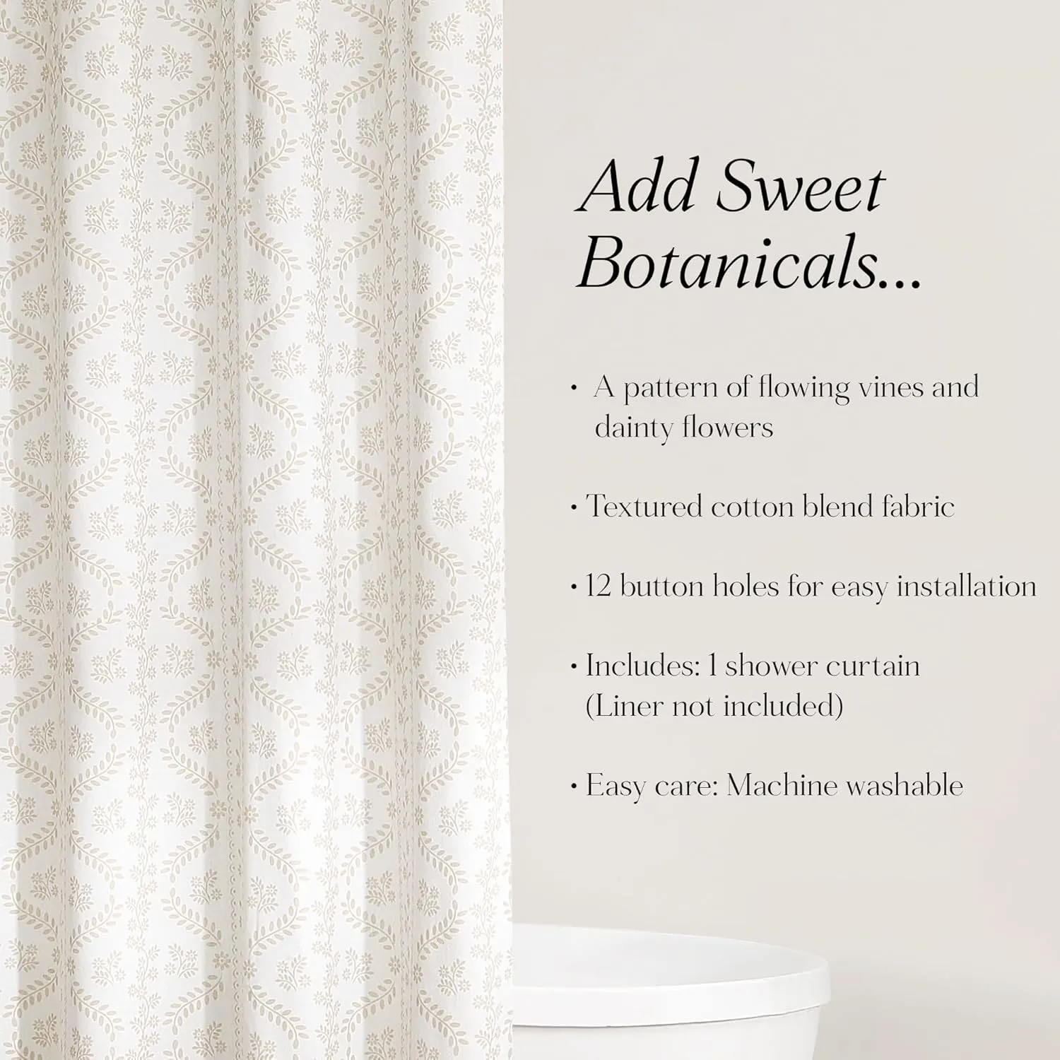 Lush Decor - Shower Curtain, Textured Linen Design, Delicate Floral Bathroom Decor (Doreen Neutral, 72" x 72")