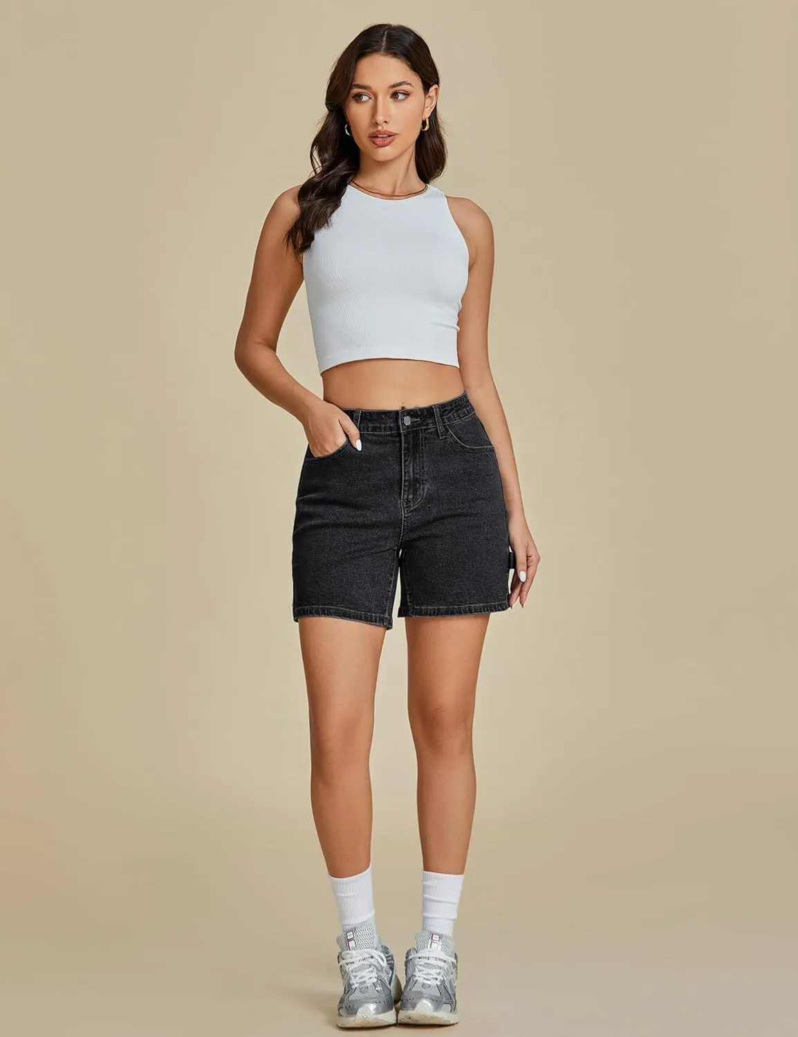 luvamia Jean Shorts for Women High Waisted Trendy Casual Utility Stretchy Denim Jorts Cutoff Long Shorts with Pockets