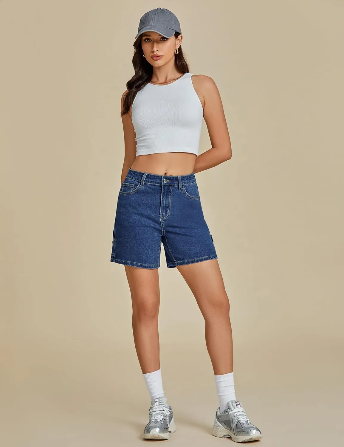 luvamia Jean Shorts for Women High Waisted Trendy Casual Utility Stretchy Denim Jorts Cutoff Long Shorts with Pockets
