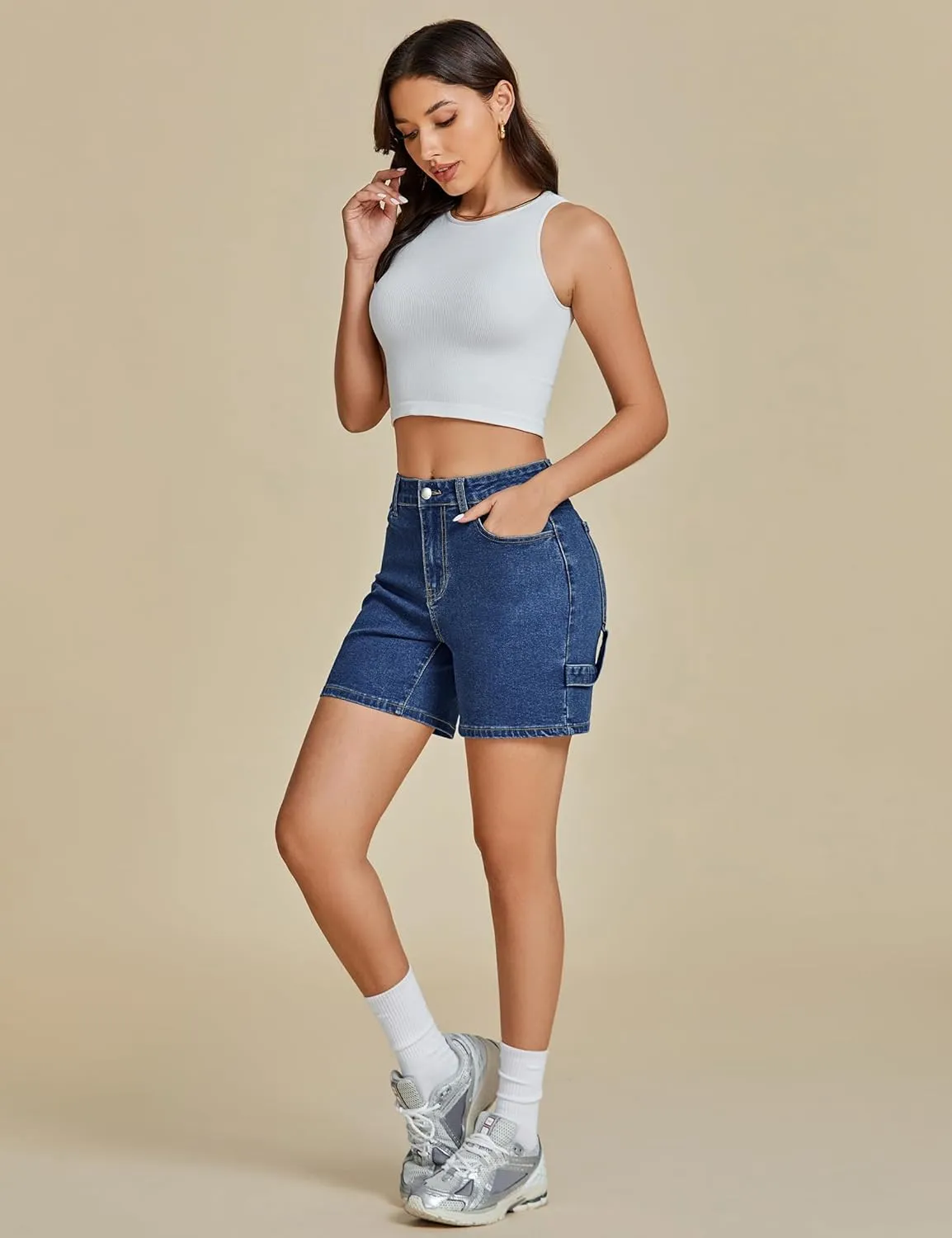 luvamia Jean Shorts for Women High Waisted Trendy Casual Utility Stretchy Denim Jorts Cutoff Long Shorts with Pockets