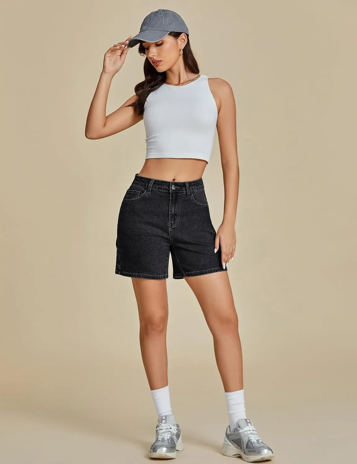 luvamia Jean Shorts for Women High Waisted Trendy Casual Utility Stretchy Denim Jorts Cutoff Long Shorts with Pockets