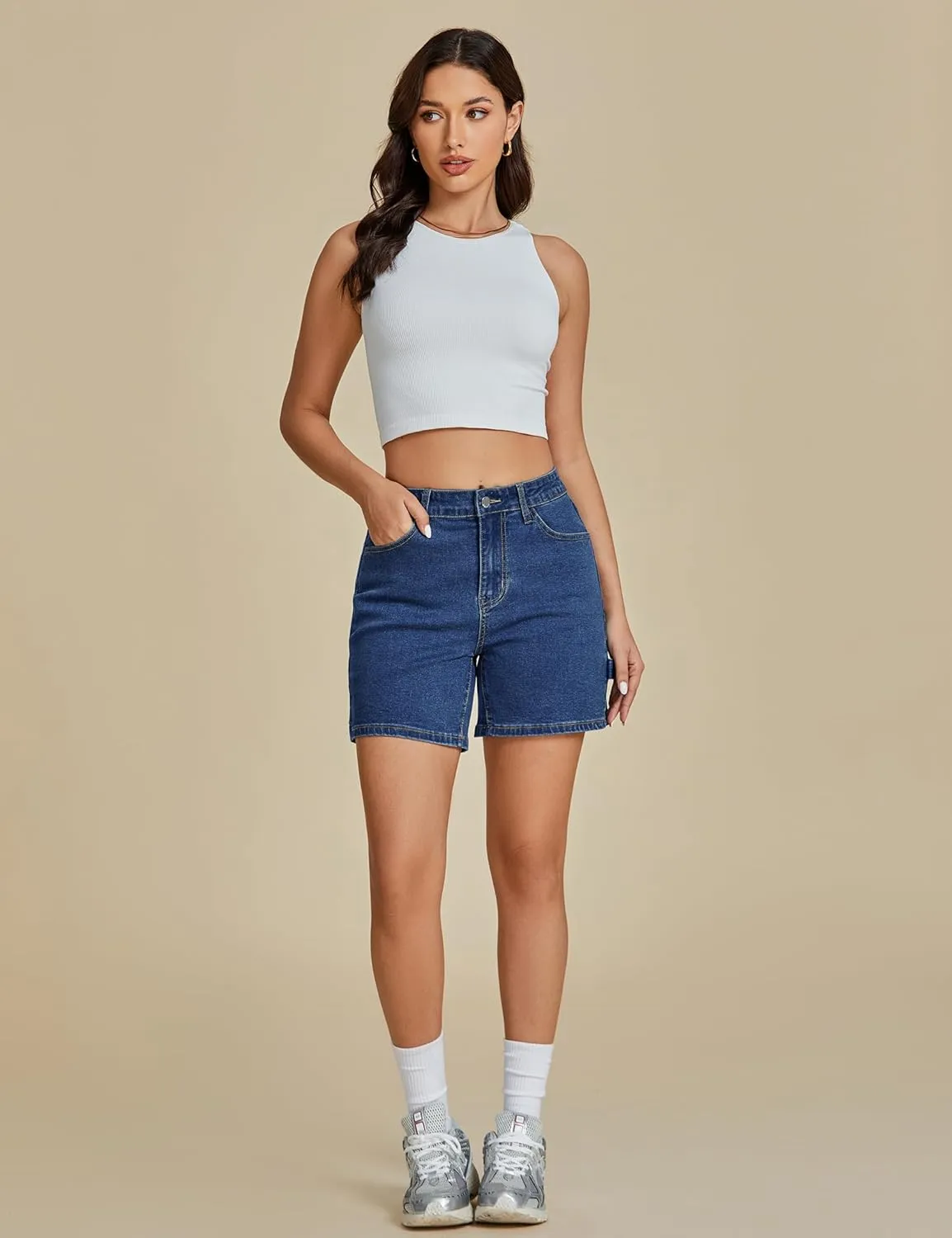 luvamia Jean Shorts for Women High Waisted Trendy Casual Utility Stretchy Denim Jorts Cutoff Long Shorts with Pockets