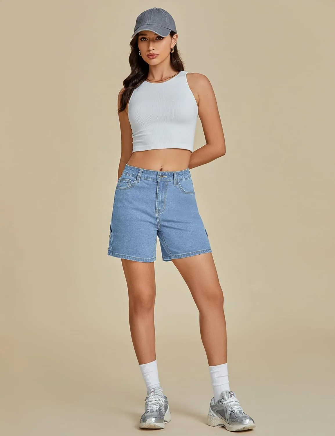 luvamia Jean Shorts for Women High Waisted Trendy Casual Utility Stretchy Denim Jorts Cutoff Long Shorts with Pockets
