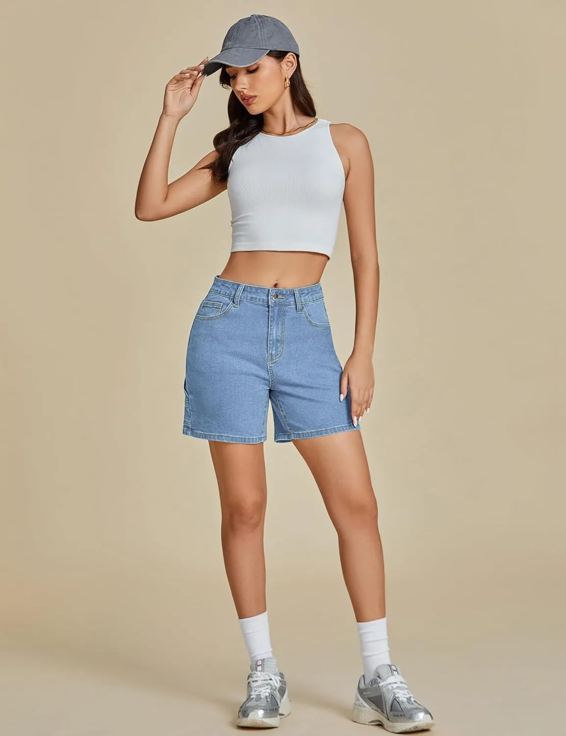 luvamia Jean Shorts for Women High Waisted Trendy Casual Utility Stretchy Denim Jorts Cutoff Long Shorts with Pockets