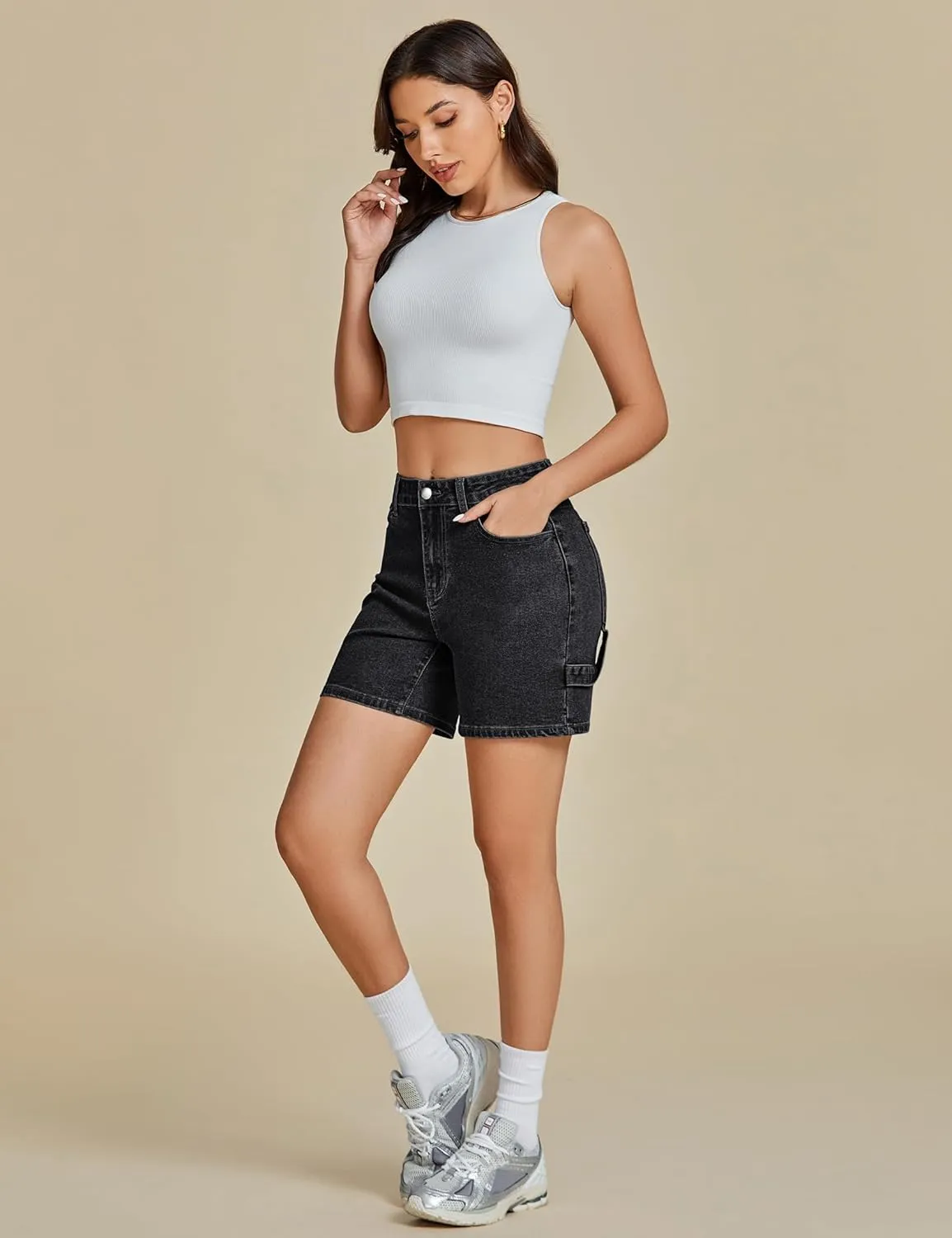 luvamia Jean Shorts for Women High Waisted Trendy Casual Utility Stretchy Denim Jorts Cutoff Long Shorts with Pockets