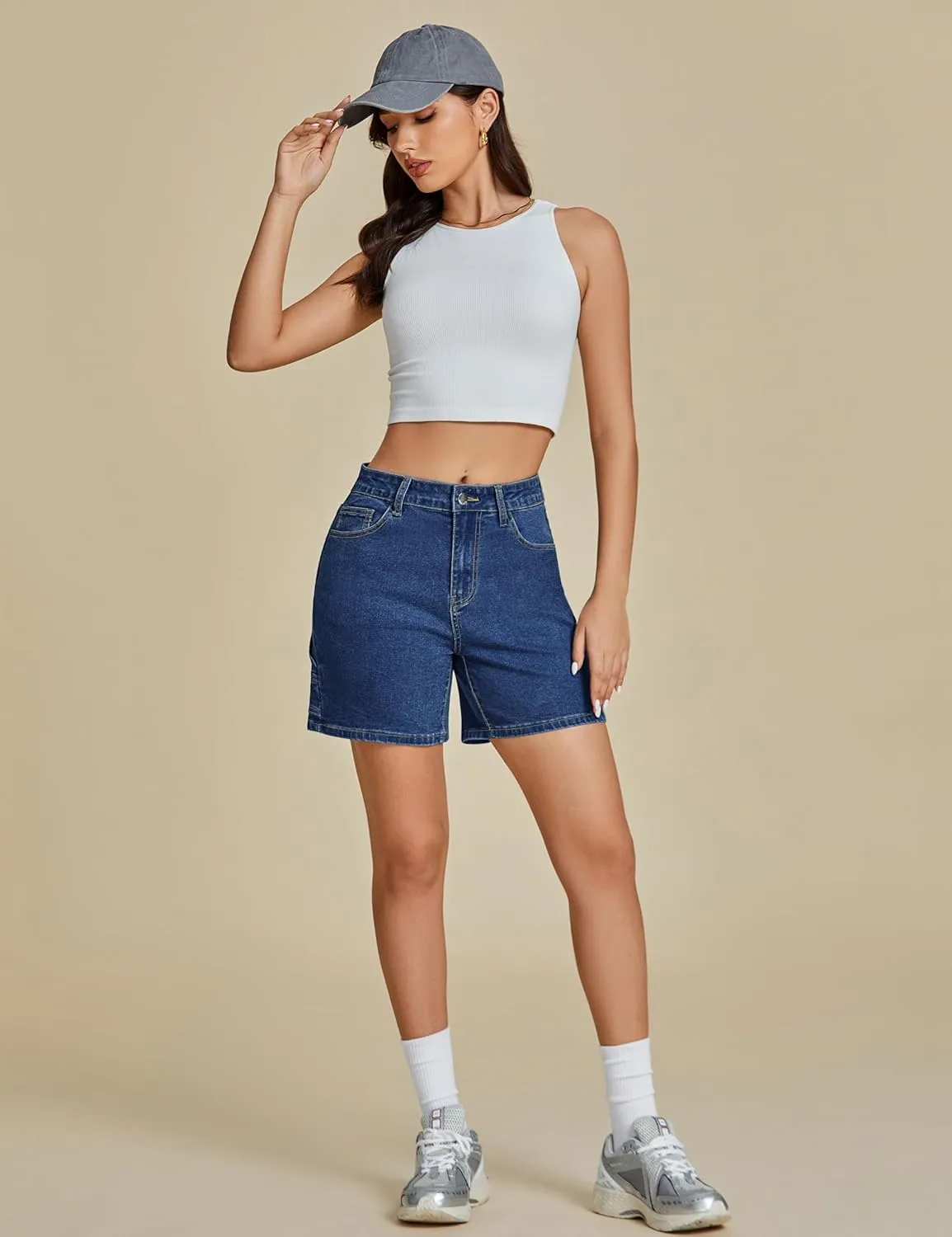 luvamia Jean Shorts for Women High Waisted Trendy Casual Utility Stretchy Denim Jorts Cutoff Long Shorts with Pockets