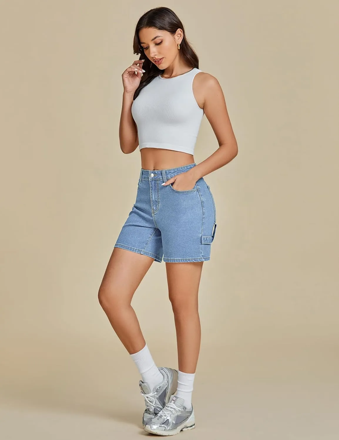 luvamia Jean Shorts for Women High Waisted Trendy Casual Utility Stretchy Denim Jorts Cutoff Long Shorts with Pockets
