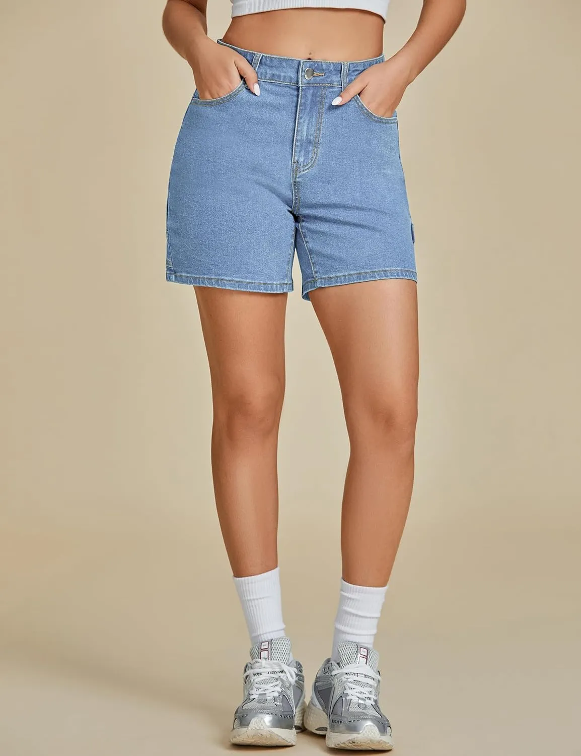 luvamia Jean Shorts for Women High Waisted Trendy Casual Utility Stretchy Denim Jorts Cutoff Long Shorts with Pockets