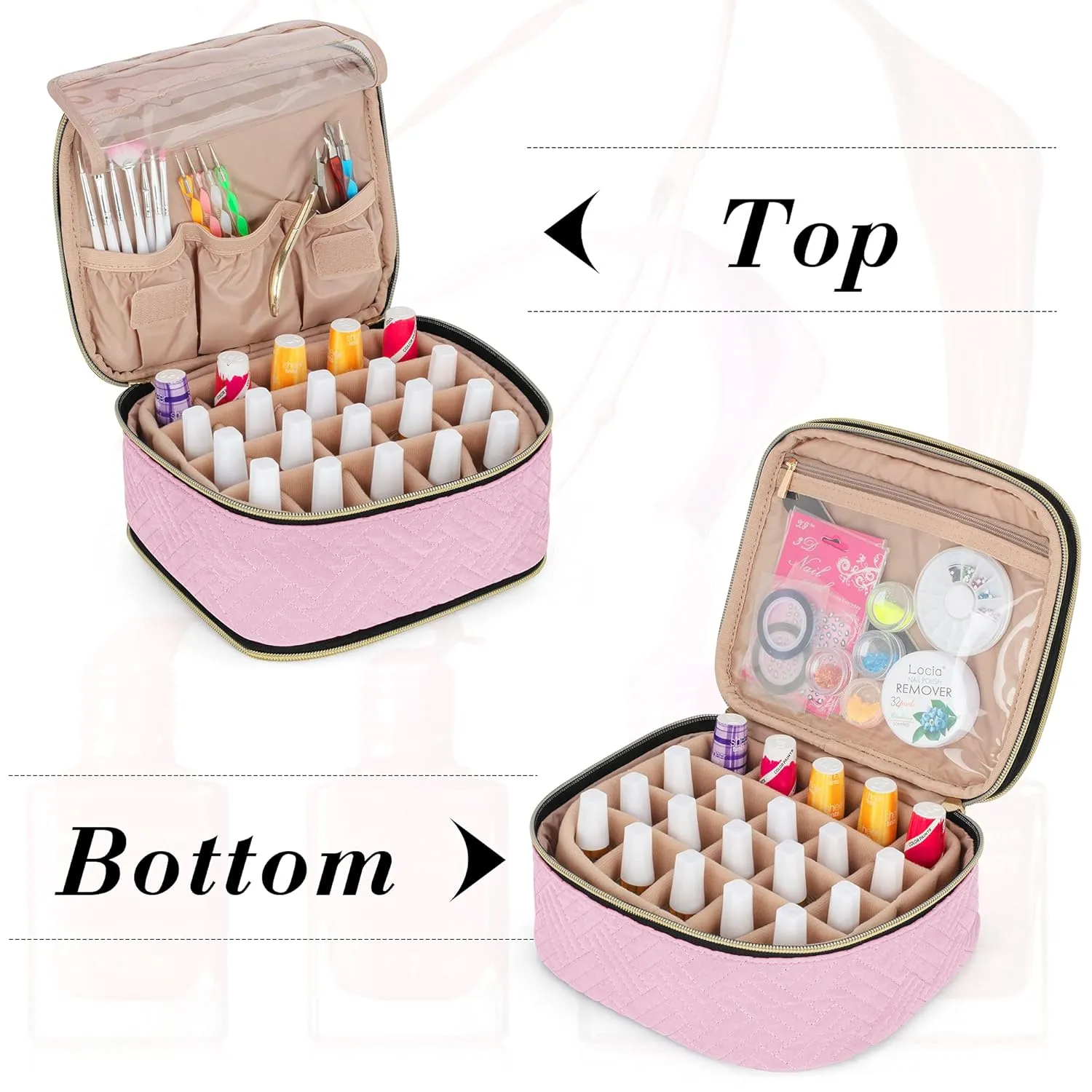 LUXJA Detachable 2 Layers Nail Polish Organizer - Hold 40 Bottles (15ml - 0.5 fl.oz), Nail Polish Case with Tools Storage Pockets (Patented), Pink