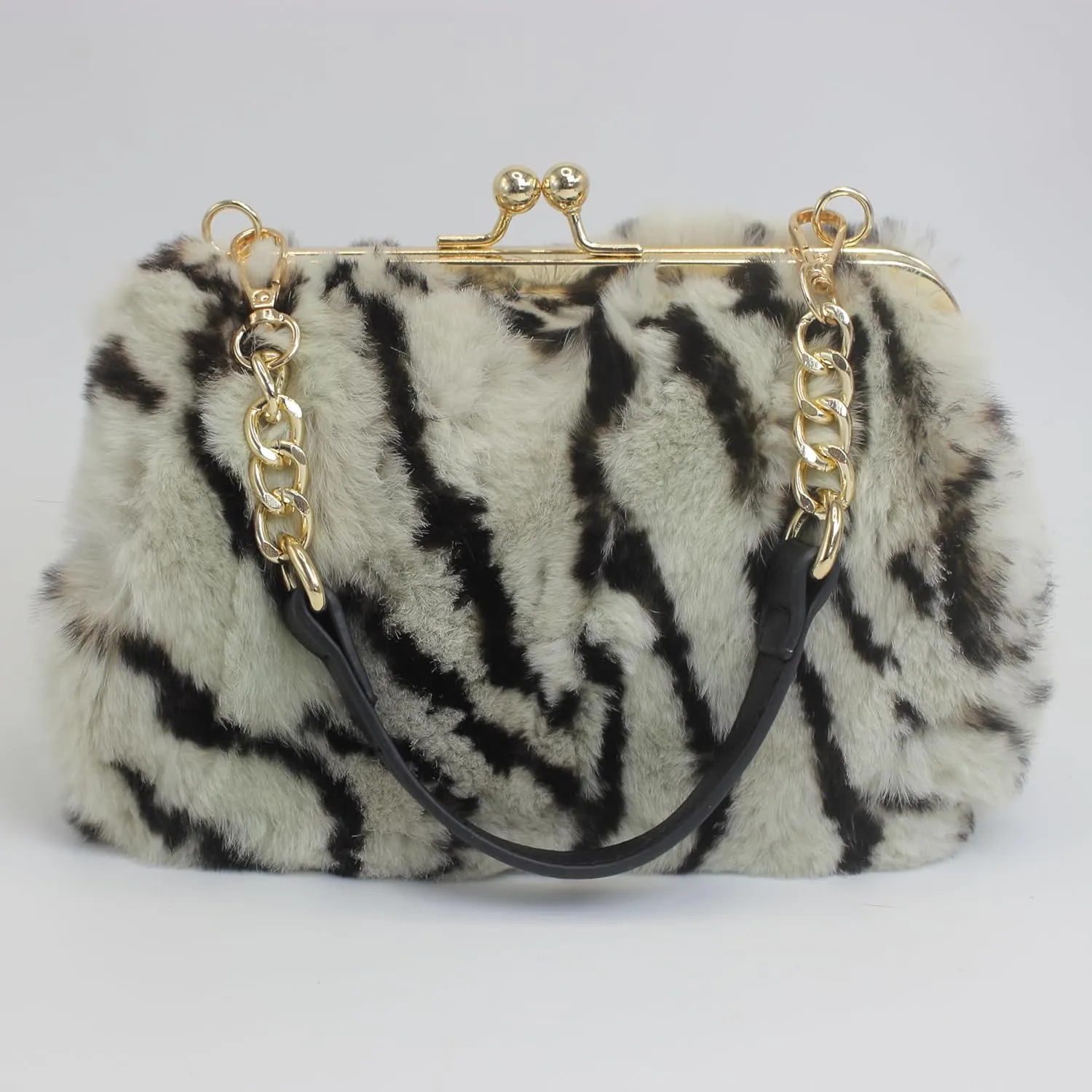 Luxurious Real Rex Rabbit Fur Evening Handbag – Elegant Purse with Adjustable Straps for Women