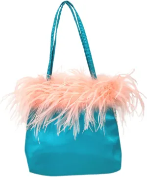 LVCOMEFF Women Ostrich Feather-trim Satin Evening Purse Silky Mini Handbag Cute for Party Peach Fuzz Elegant