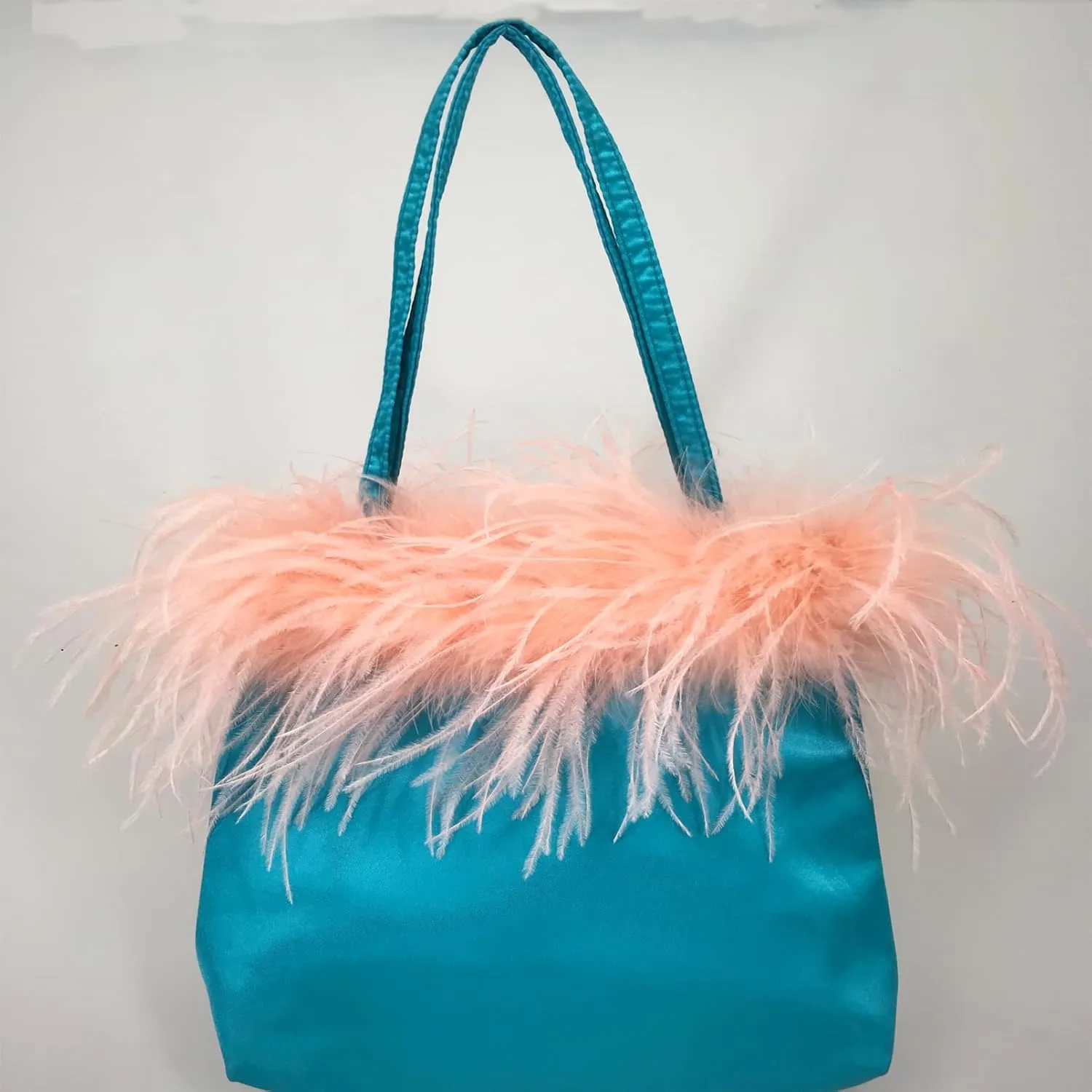 LVCOMEFF Women Ostrich Feather-trim Satin Evening Purse Silky Mini Handbag Cute for Party Peach Fuzz Elegant