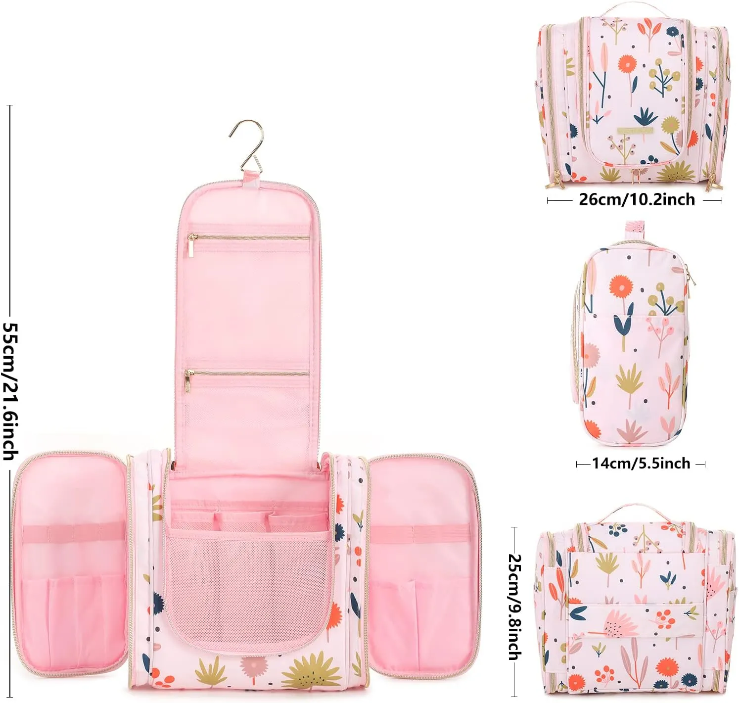 Lychii Hanging Toiletry Bag for Women, Large Water-Resistant Cosmetic Makeup Bag Travel Organizer - Floral