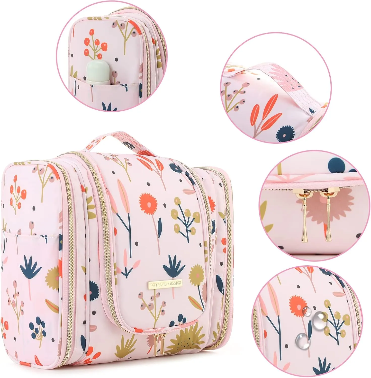 Lychii Hanging Toiletry Bag for Women, Large Water-Resistant Cosmetic Makeup Bag Travel Organizer - Floral