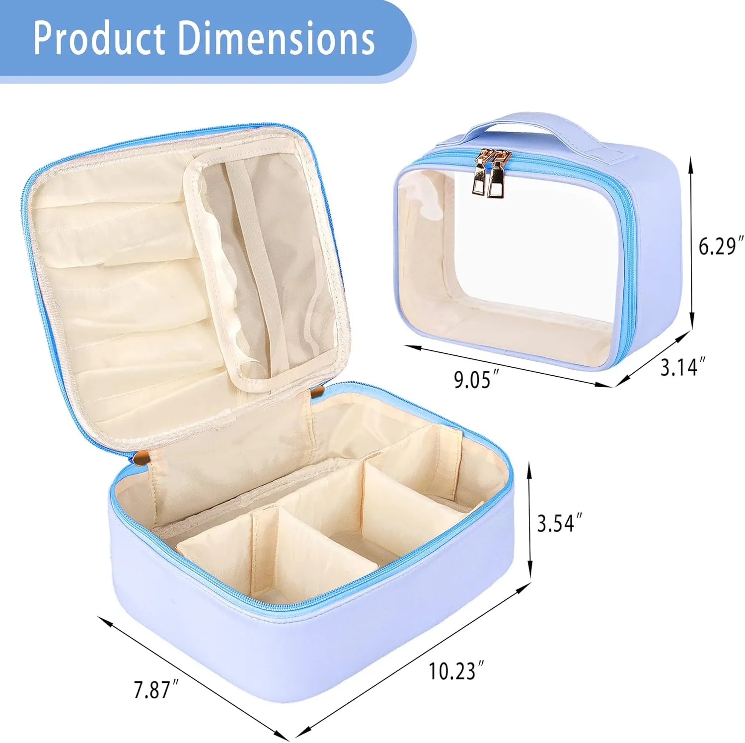 Makeup Bag, 2 PCS PU Leather Cosmetic Bags, Portable Travel Makeup Case, Large Makeup Organizer with Clear Makeup Bag for Women (Blue)