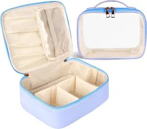 Makeup Bag, 2 PCS PU Leather Cosmetic Bags, Portable Travel Makeup Case, Large Makeup Organizer with Clear Makeup Bag for Women (Blue)