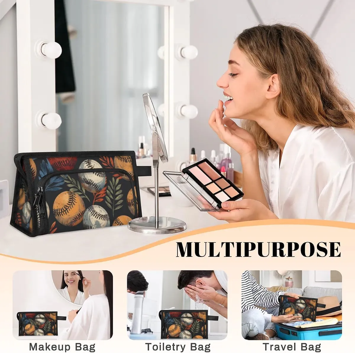 Makeup Bag Baseball Leaves Travel Toiletry Bag Makeup Organizer Portable Make Up Bags for Women Cosmetic Bag with Handle