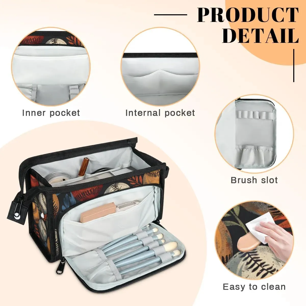 Makeup Bag Baseball Leaves Travel Toiletry Bag Makeup Organizer Portable Make Up Bags for Women Cosmetic Bag with Handle