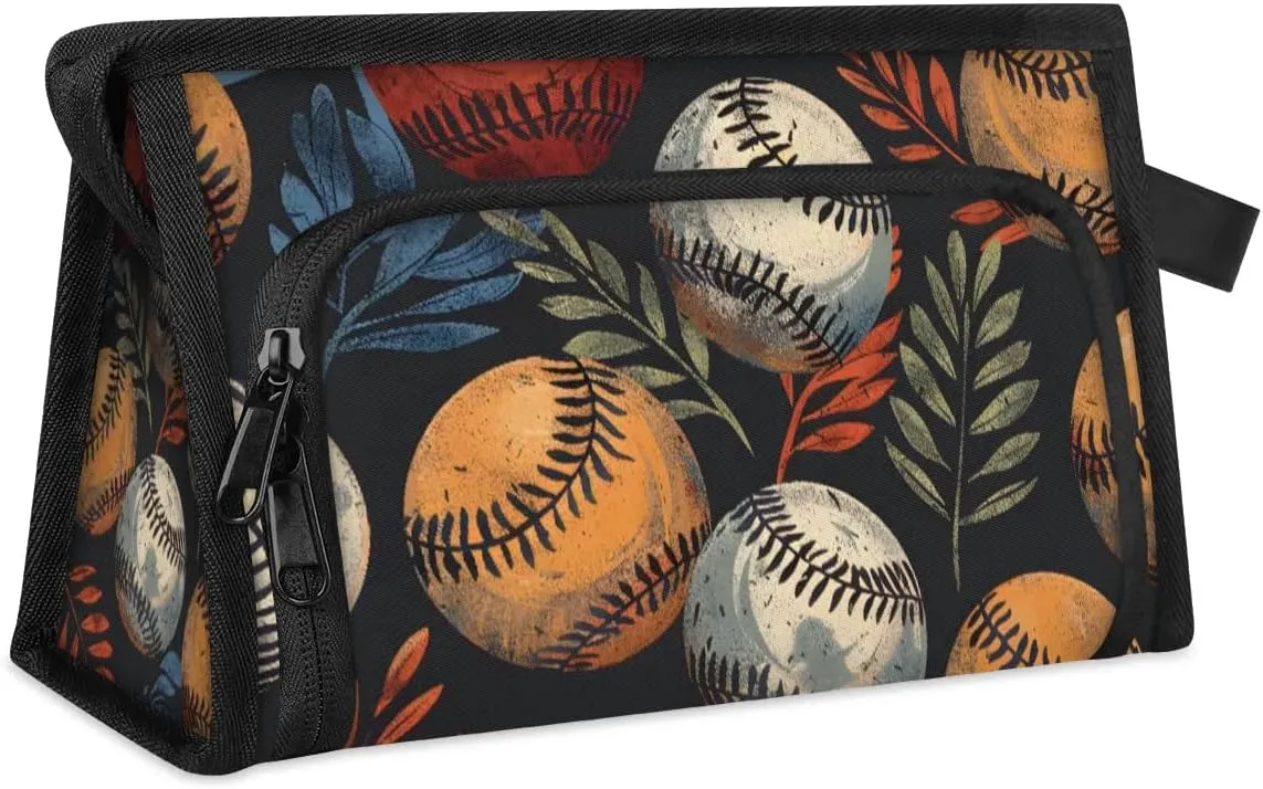 Makeup Bag Baseball Leaves Travel Toiletry Bag Makeup Organizer Portable Make Up Bags for Women Cosmetic Bag with Handle