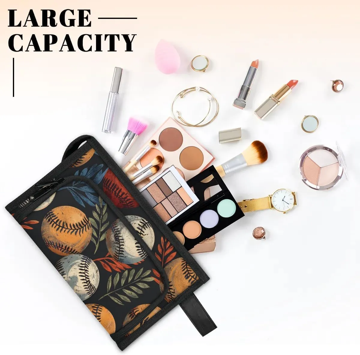 Makeup Bag Baseball Leaves Travel Toiletry Bag Makeup Organizer Portable Make Up Bags for Women Cosmetic Bag with Handle