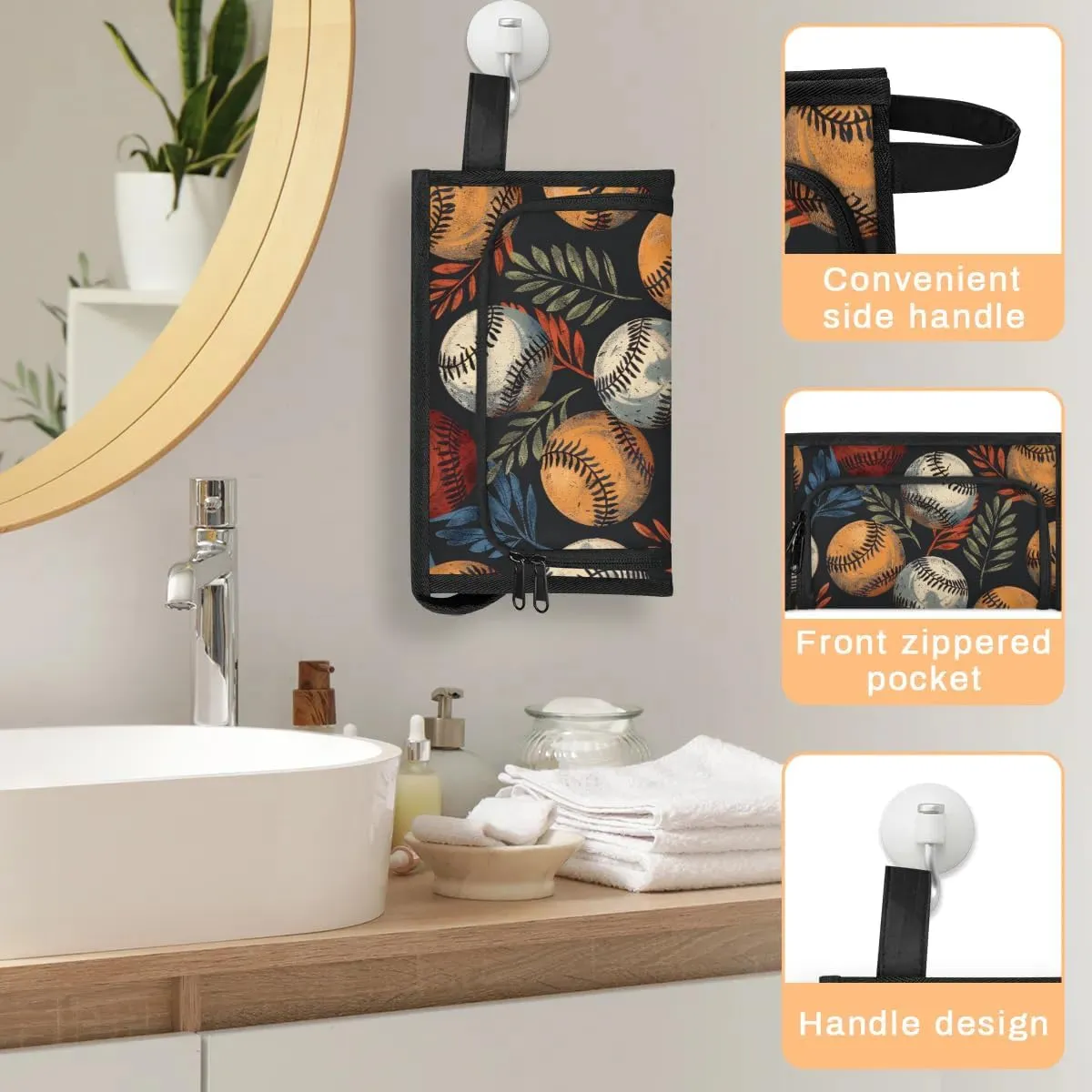 Makeup Bag Baseball Leaves Travel Toiletry Bag Makeup Organizer Portable Make Up Bags for Women Cosmetic Bag with Handle