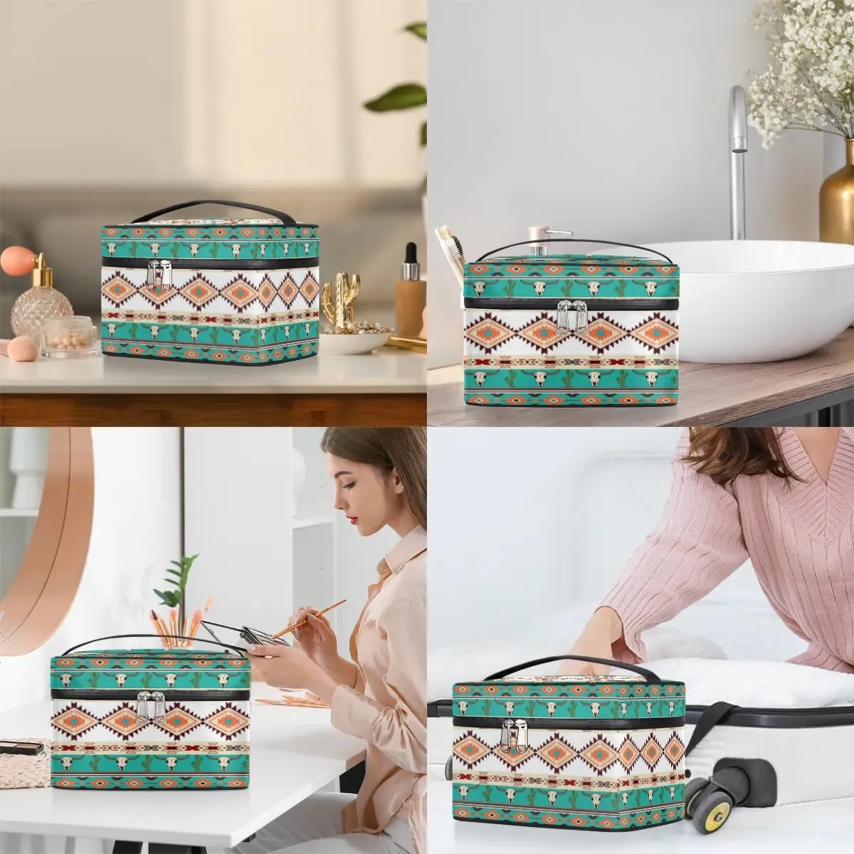 Makeup Bag,Navajo Aztec Bull Cactus Cosmetic Bags for Woman Girls,Portable Large Capacity Travel Makeup Case Organizer Cosmetic Case Travel Essential