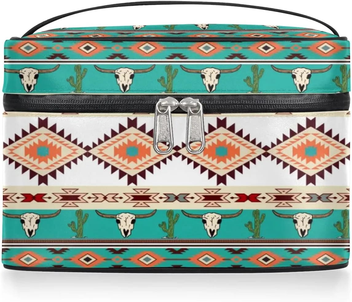 Makeup Bag,Navajo Aztec Bull Cactus Cosmetic Bags for Woman Girls,Portable Large Capacity Travel Makeup Case Organizer Cosmetic Case Travel Essential