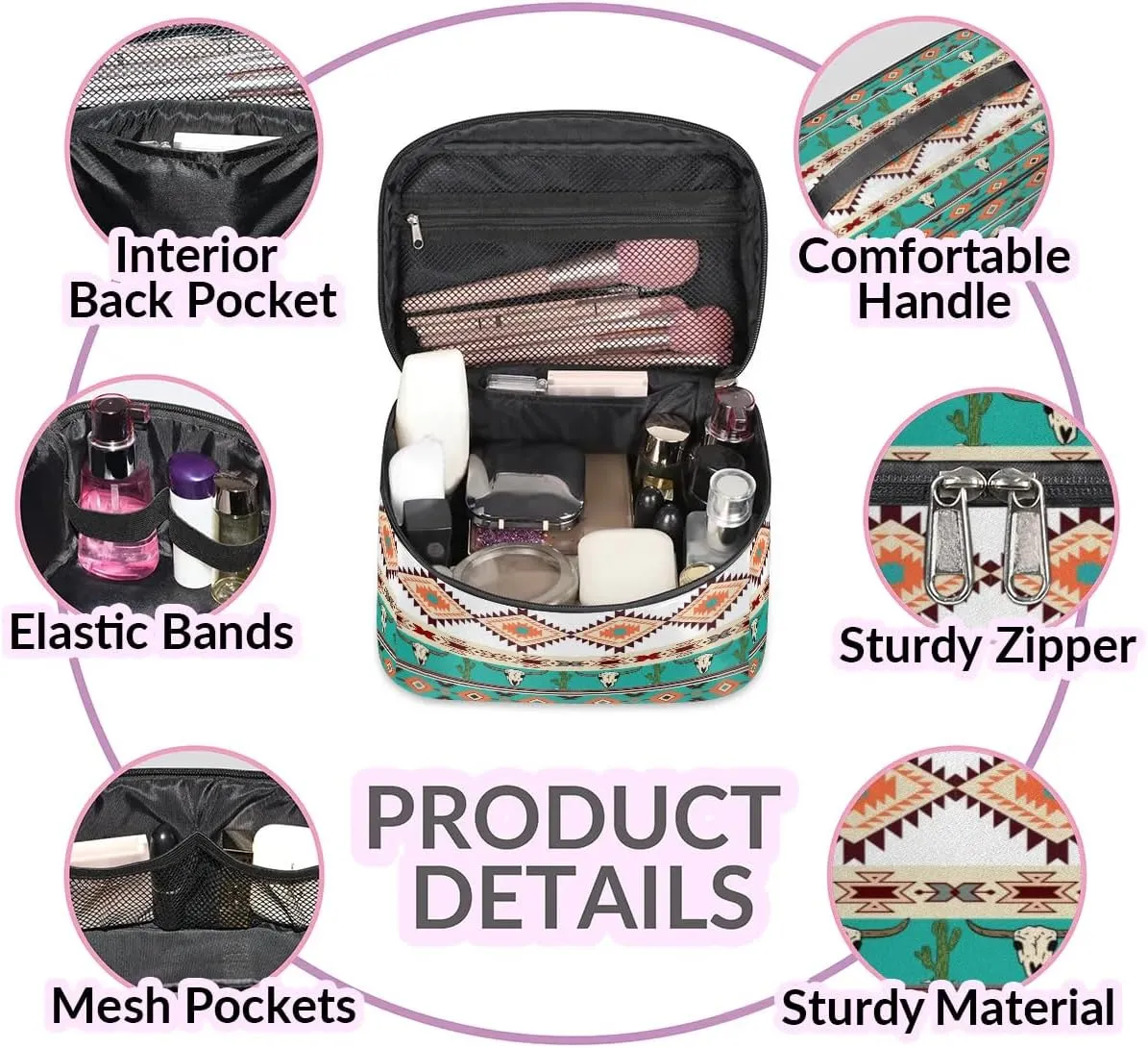 Makeup Bag,Navajo Aztec Bull Cactus Cosmetic Bags for Woman Girls,Portable Large Capacity Travel Makeup Case Organizer Cosmetic Case Travel Essential